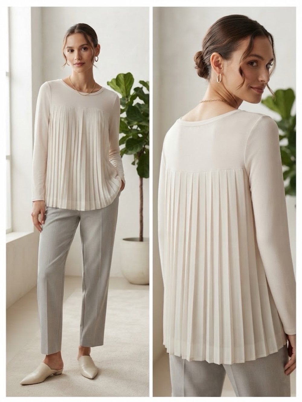 Club Monaco - Pleated Back Long Sleeve Top - in Ivory / Cream Elegant in XS